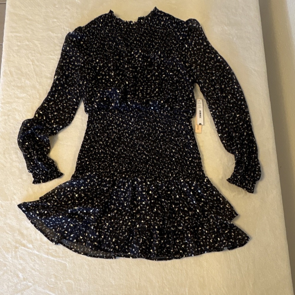 NWT‎ Aqua Black Metallic Smocked Ruffle Mini Dress Long Sleeve Sheer  Size M